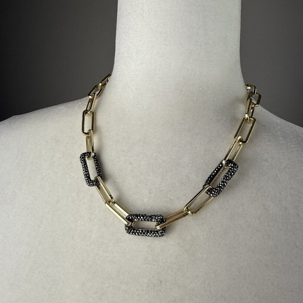 Panacea Gold Crystal Pave Chain Link Necklace Chunky Statement Modern Jewelry